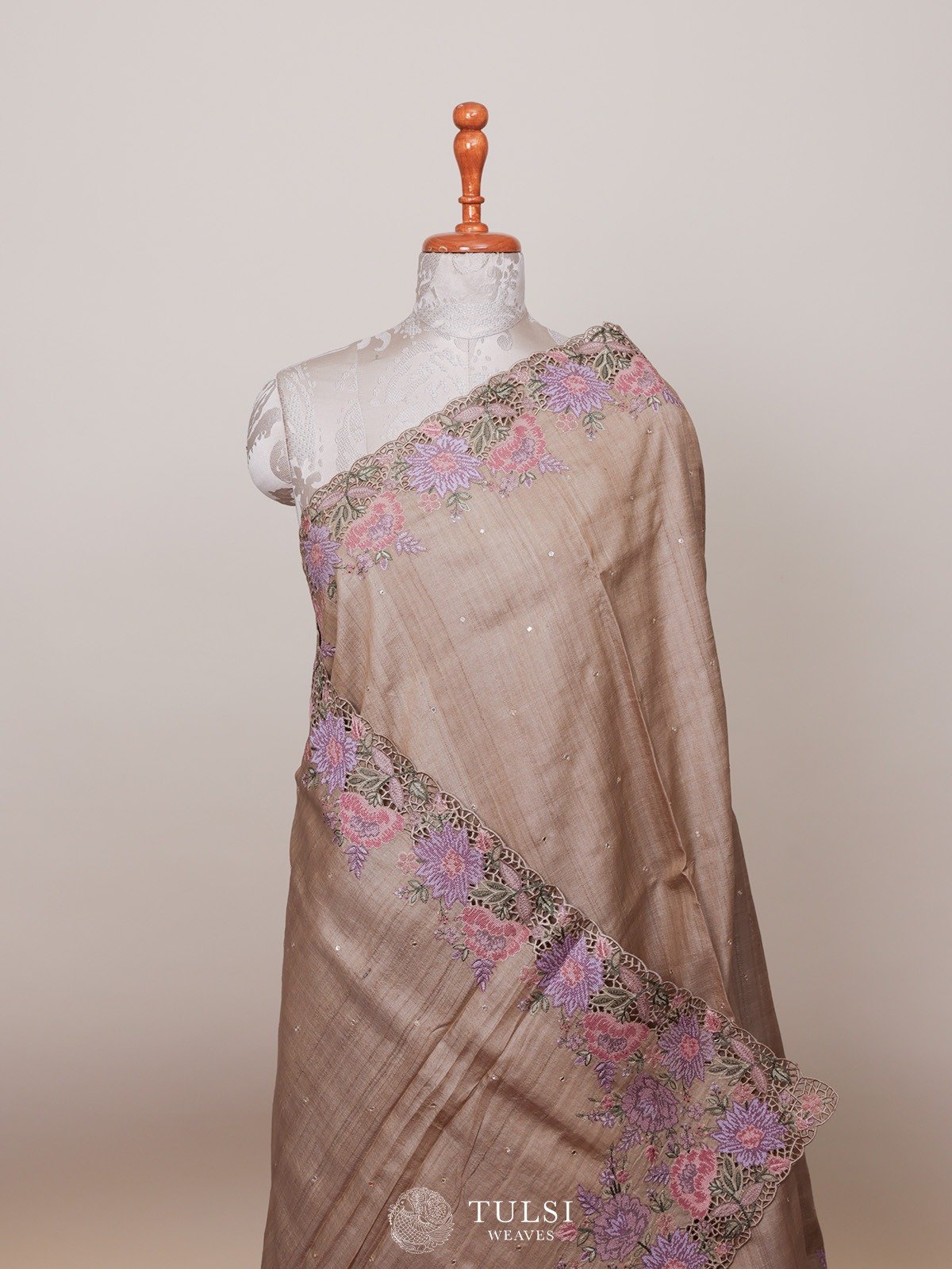 Light Khaki Tussar Silk Saree with Floral Embroidery Border