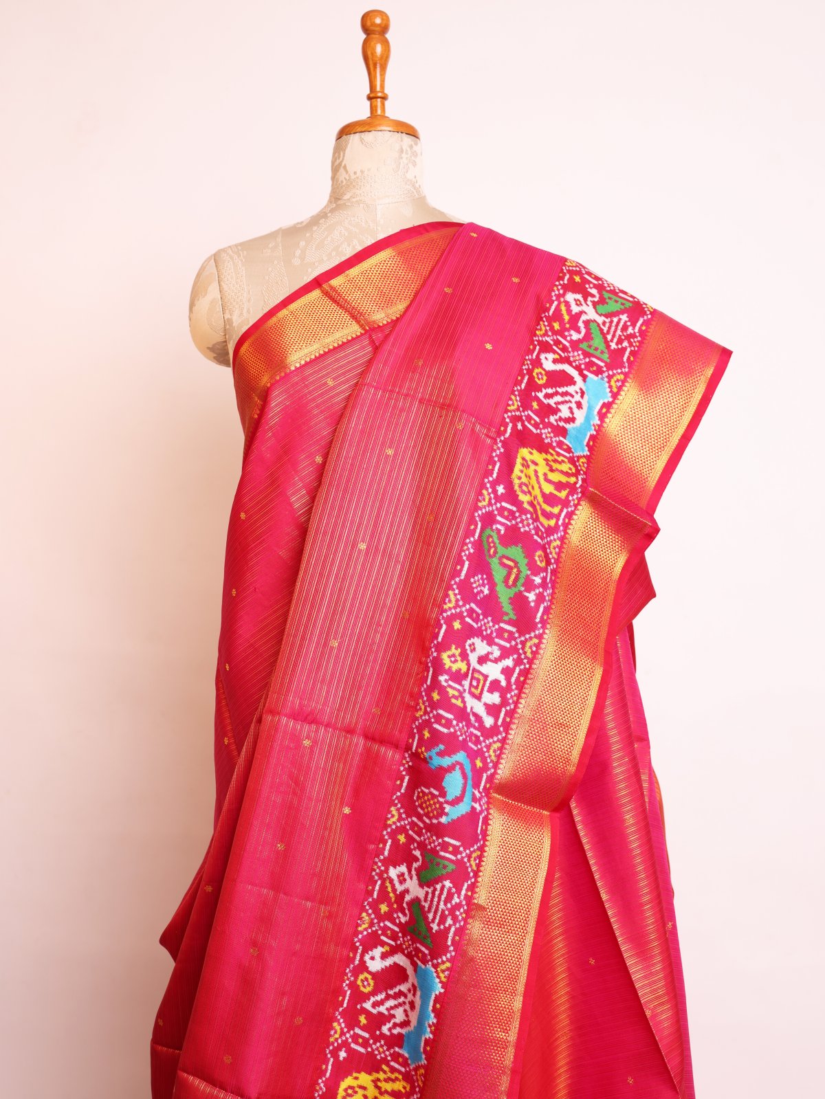 Pinkish Red Kanjeevaram Silk Saree With Patan Patola Border