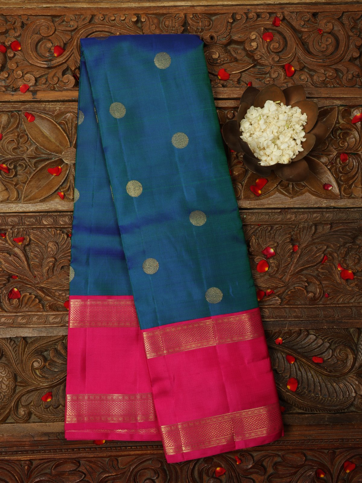Peacock Blue Kanjeevaram Silk Saree With Pink Zari Border