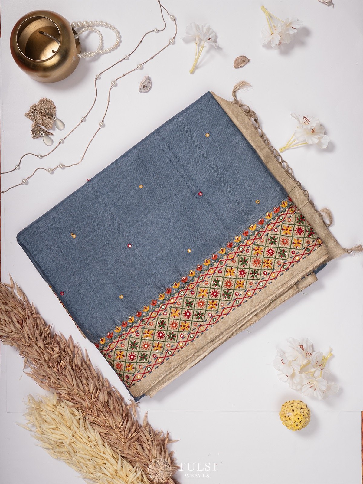 Grey Tussar Silk Saree with Hand Embroidery