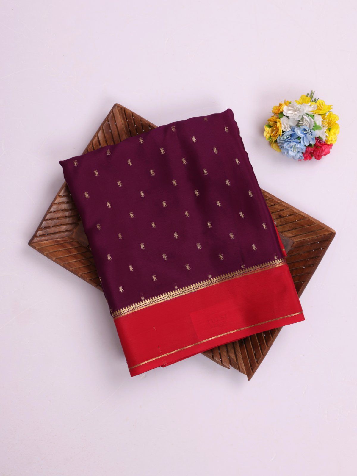 Dark Purple Mysore Silk Saree With Red Border