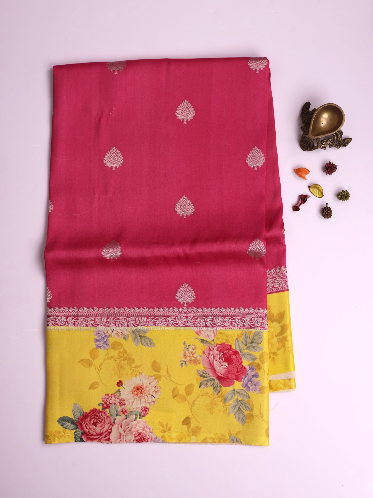 Pink Banaras Tussar Georgette Silk Saree with Printed Yellow Satin Border