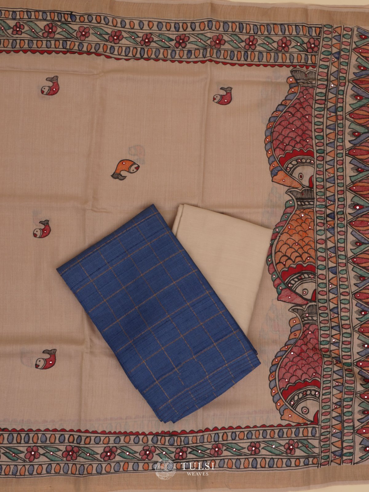 Blue Tussar Salwar Material With Madhubani Dupatta