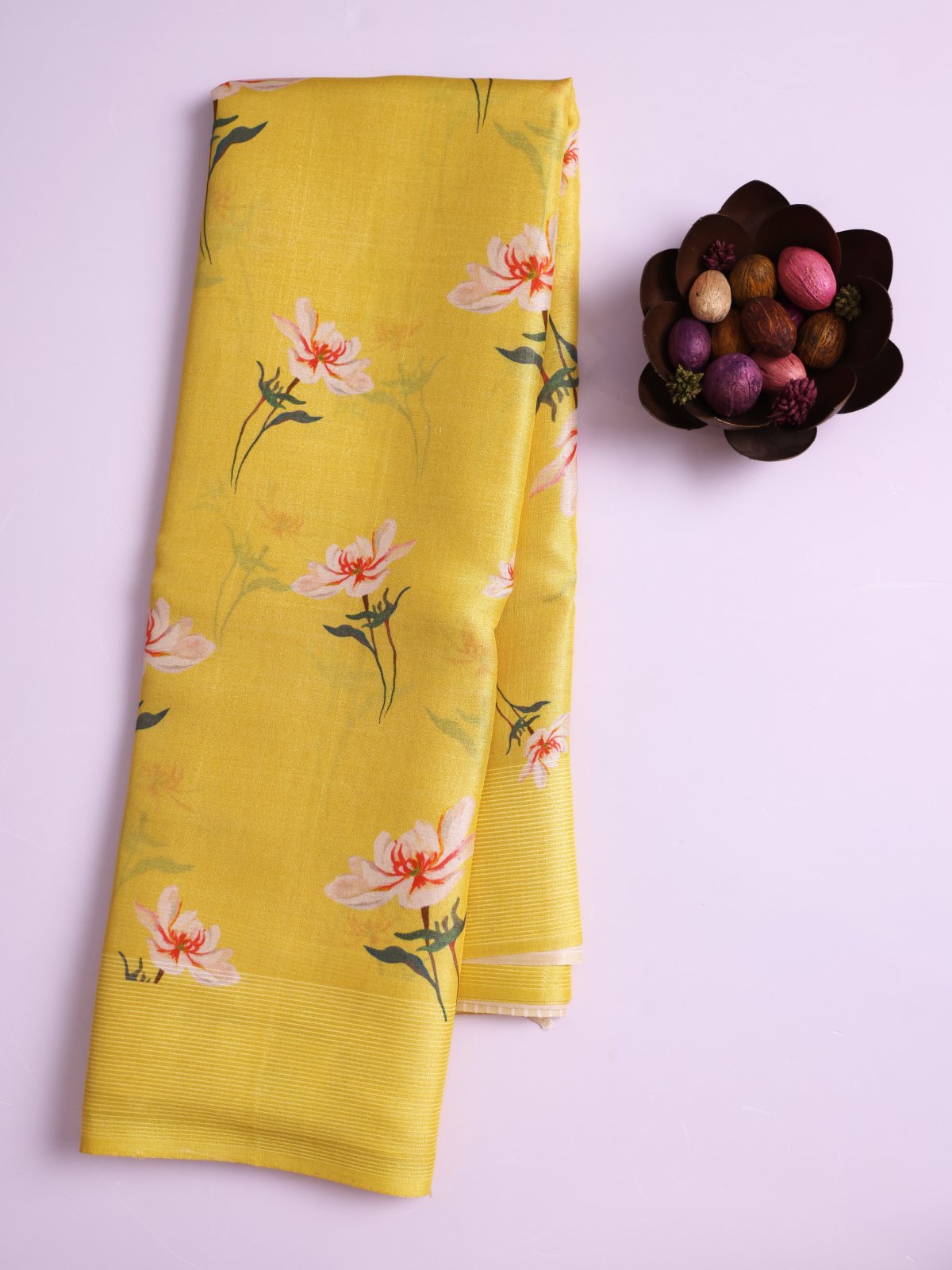 Yellow Printed Tussar Silk Saree