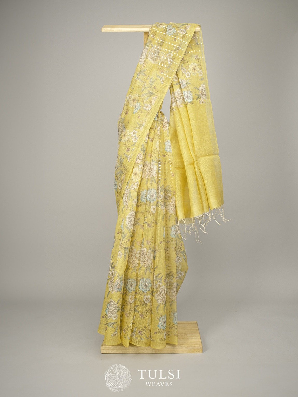 Light Yellow Kora Jute Saree with Floral Print