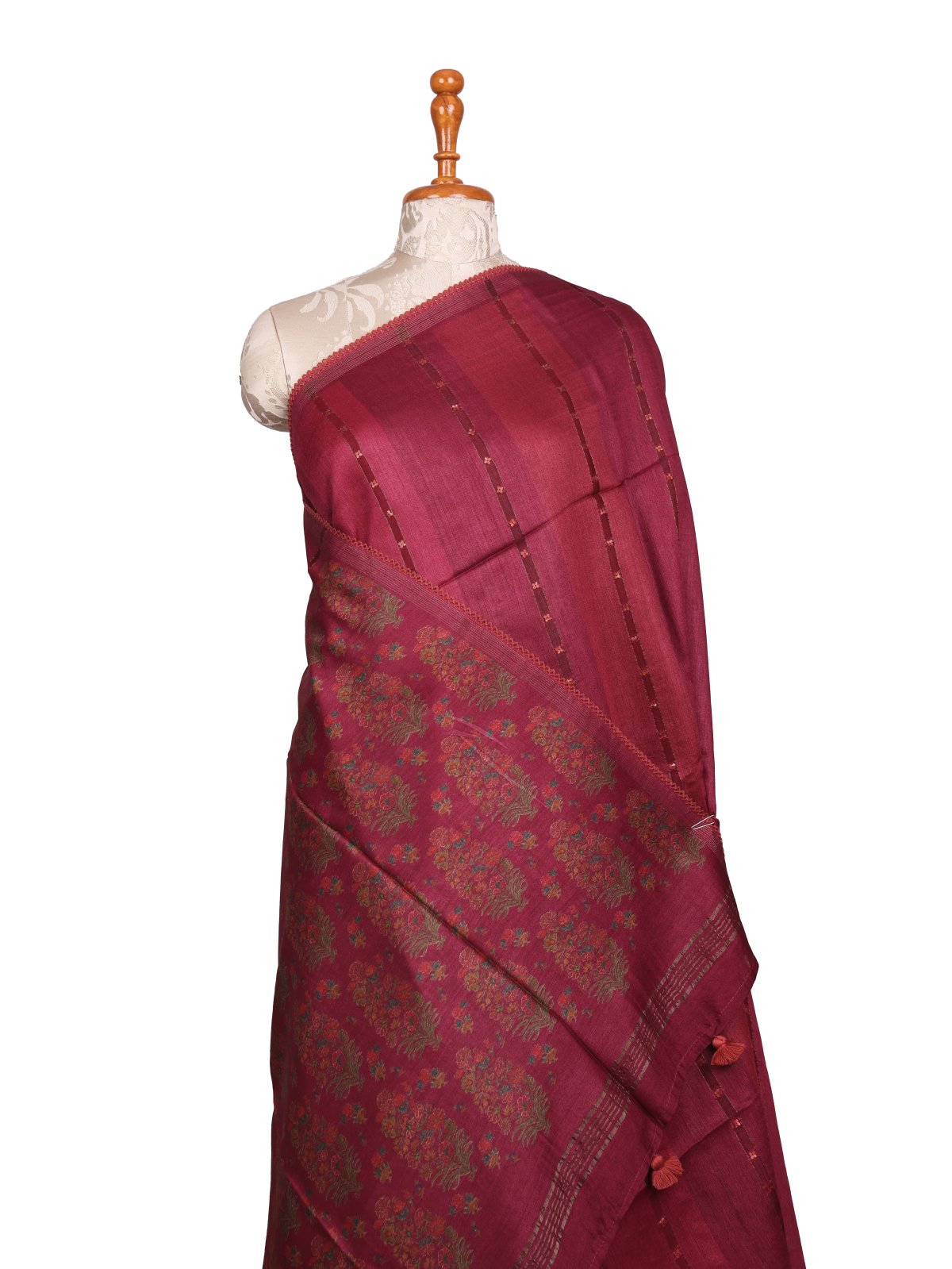 Burgundy Printed Munga Tussar Silk Saree