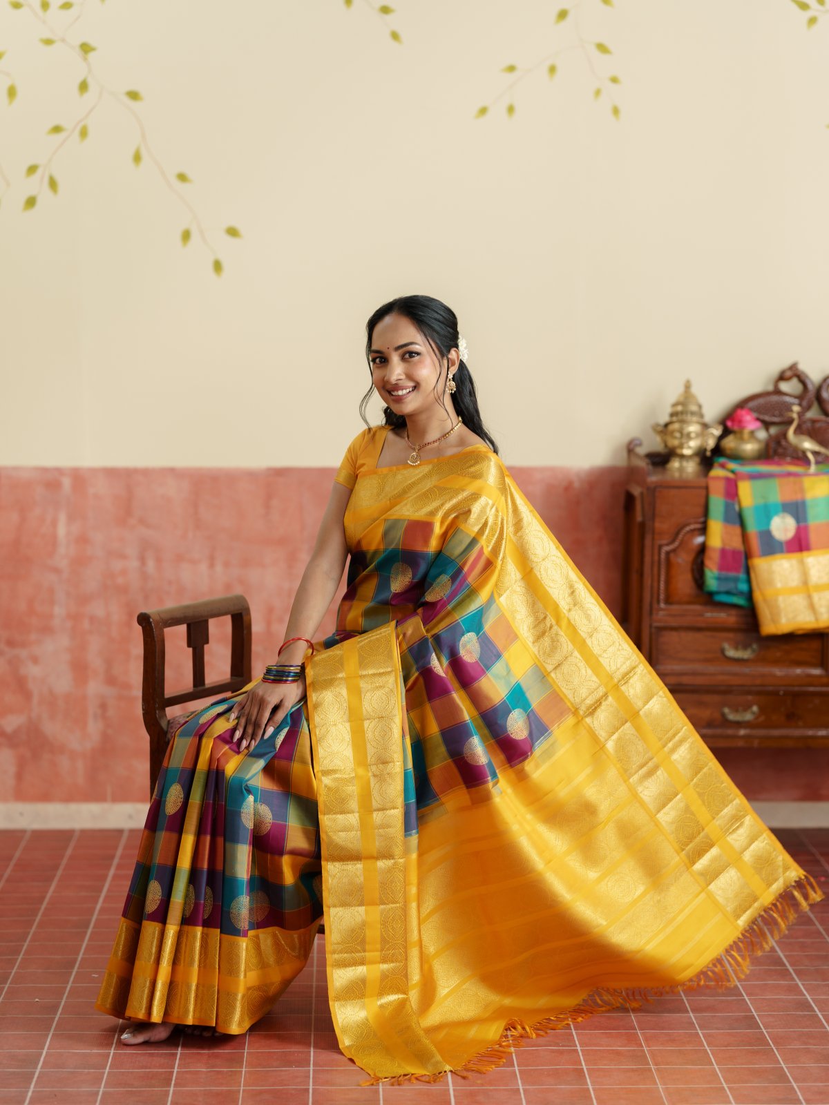 Vintage 97 - Multi Color Checked Kanjeevaram Silk Saree With Mustard Yellow Border