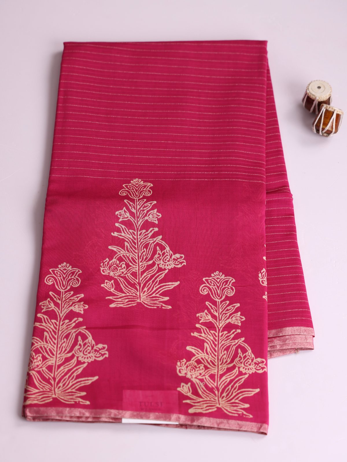 Rani Pink Zari Striped Chanderi Cotton Saree With Printed Border