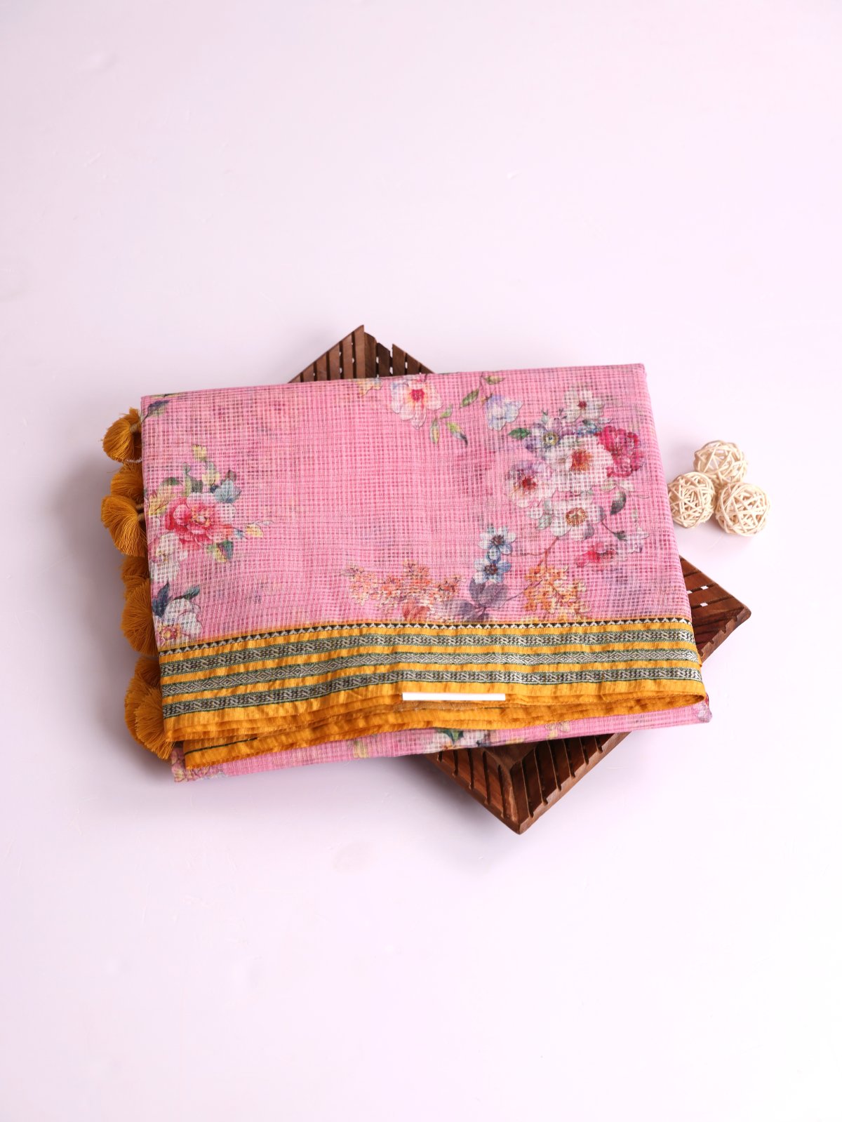 Pink Printed Kota Cotton Saree With Yellow Vidarbha Border