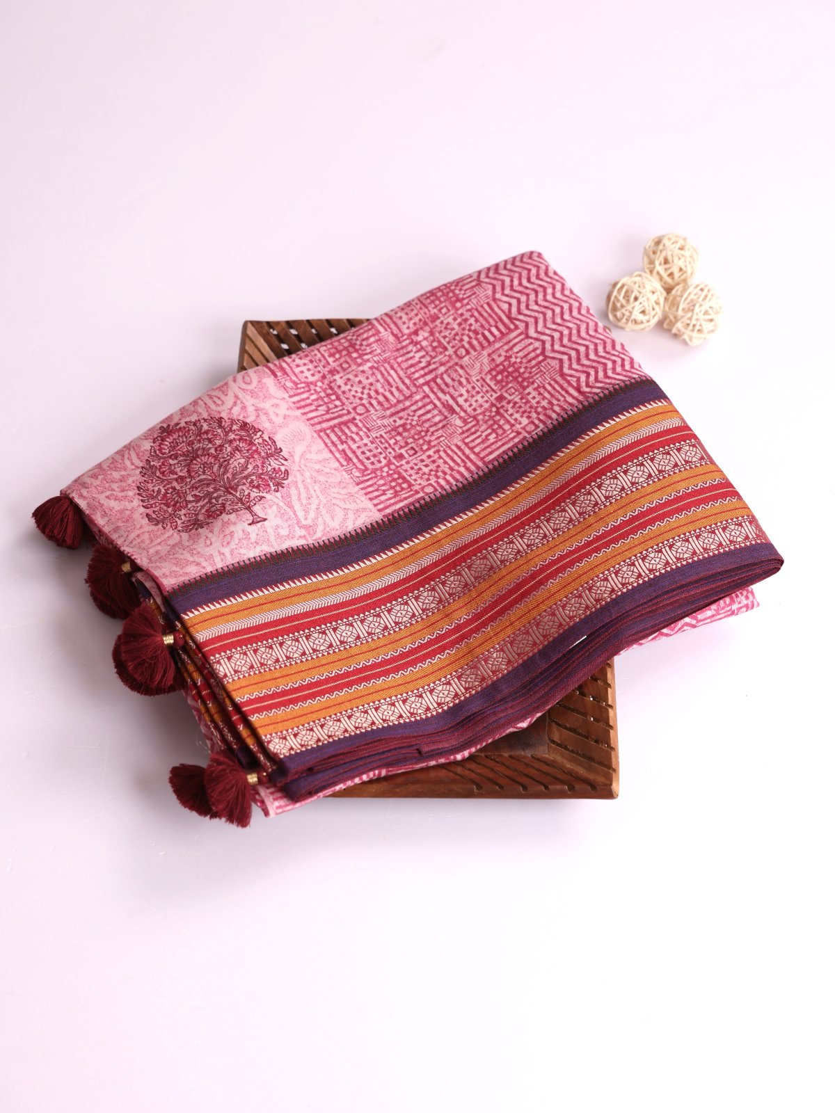 Off White Printed Chanderi Cotton Saree With Purple Vidarbha Border