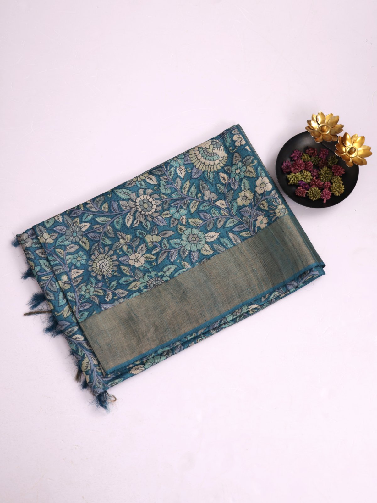 Teal Blue Printed Tussar Silk Saree With Zari Border 