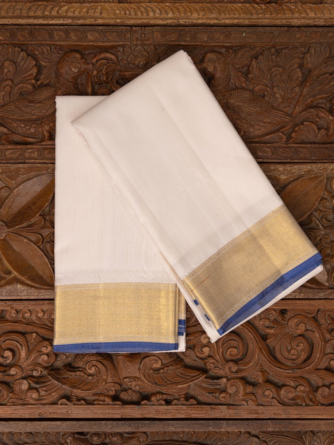 White Silk Dhoti and Vasthram With Gold Self Zari Border