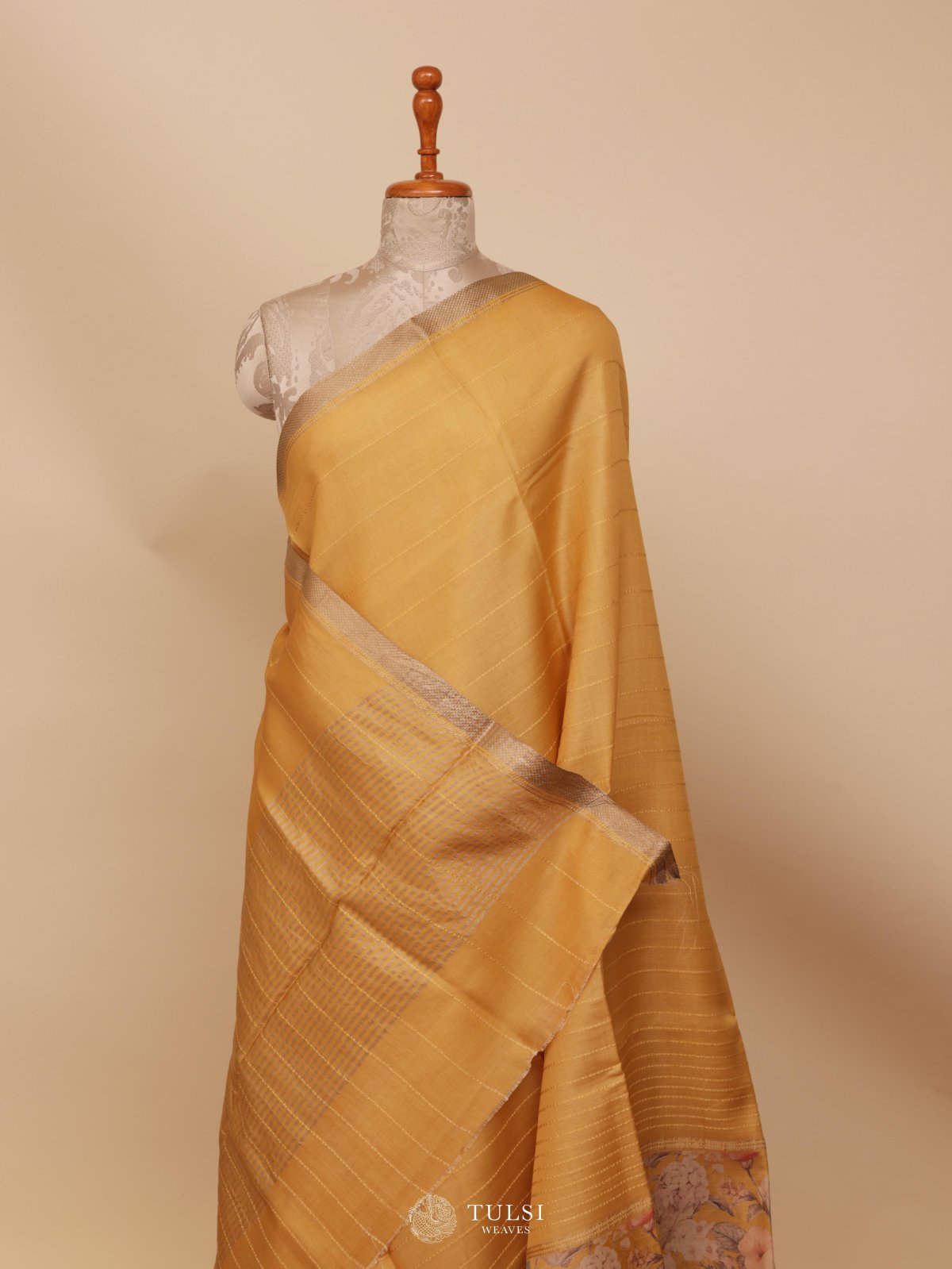 Yellow Printed Tussar Silk Saree