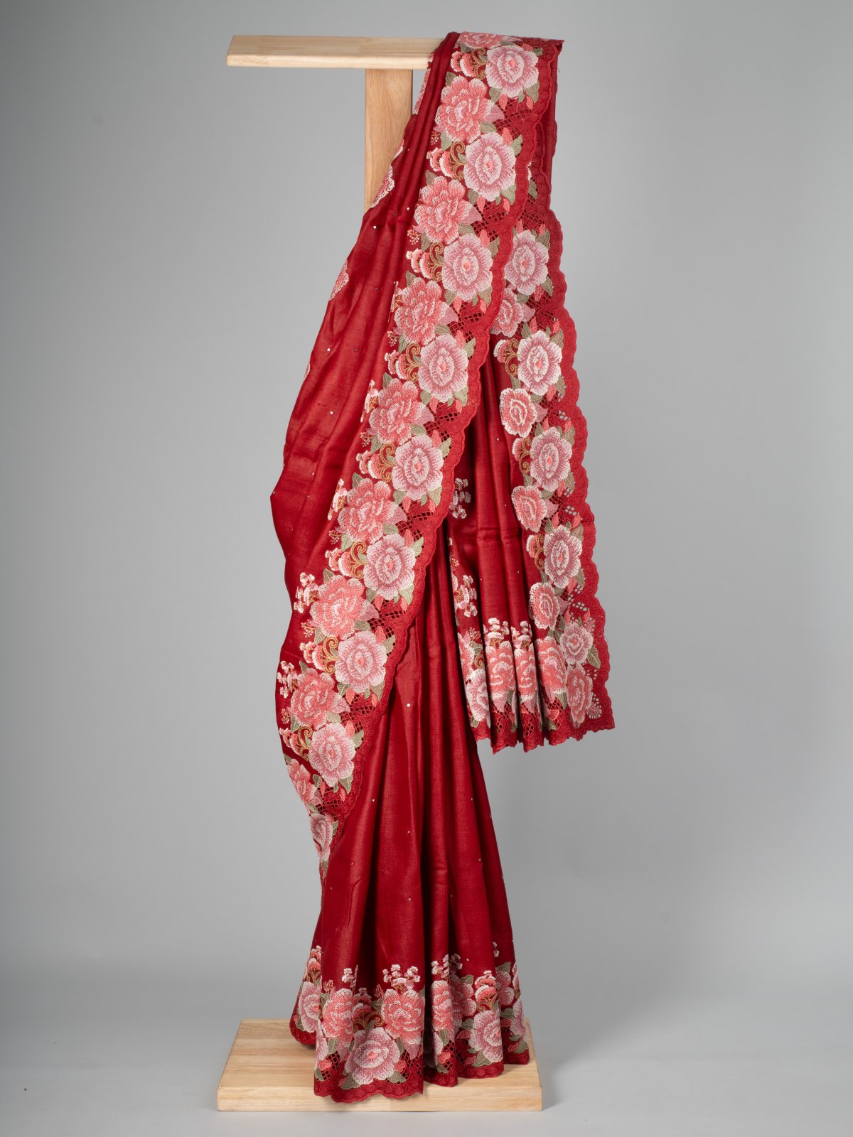 Red Tussar Silk Saree With Cutwork Embroidery