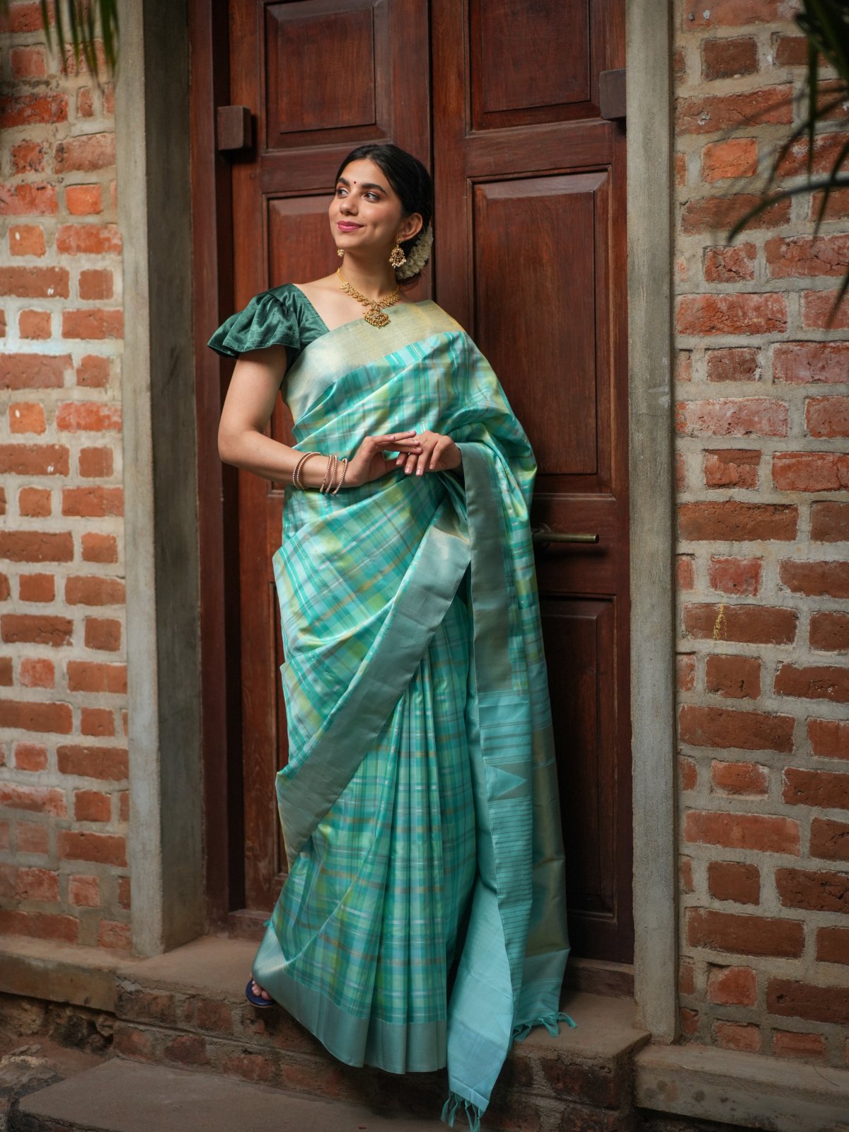 Checked Blue Kanjeevaram Silk Saree With Bavanchi Border