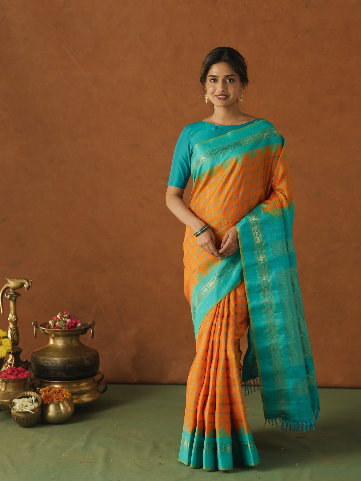 Orange Gadwal Silk Saree with Turquoise Border