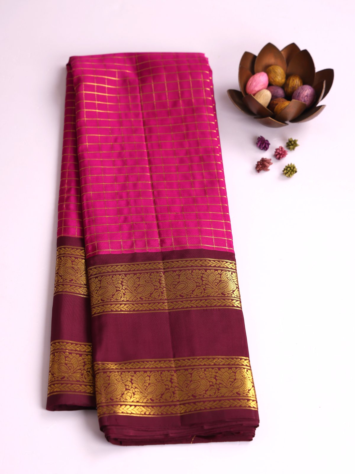 Magenta Pink Zari Checked Kanjeevaram Silk Saree With Burgundy Border