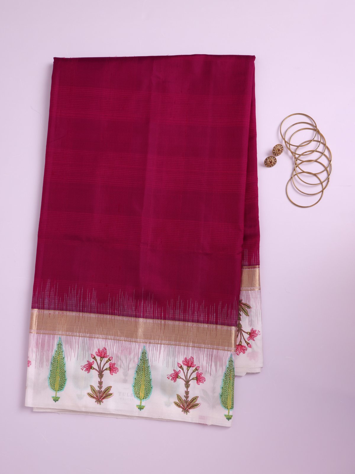 Burgundy Block Printed Soft Silk Saree
