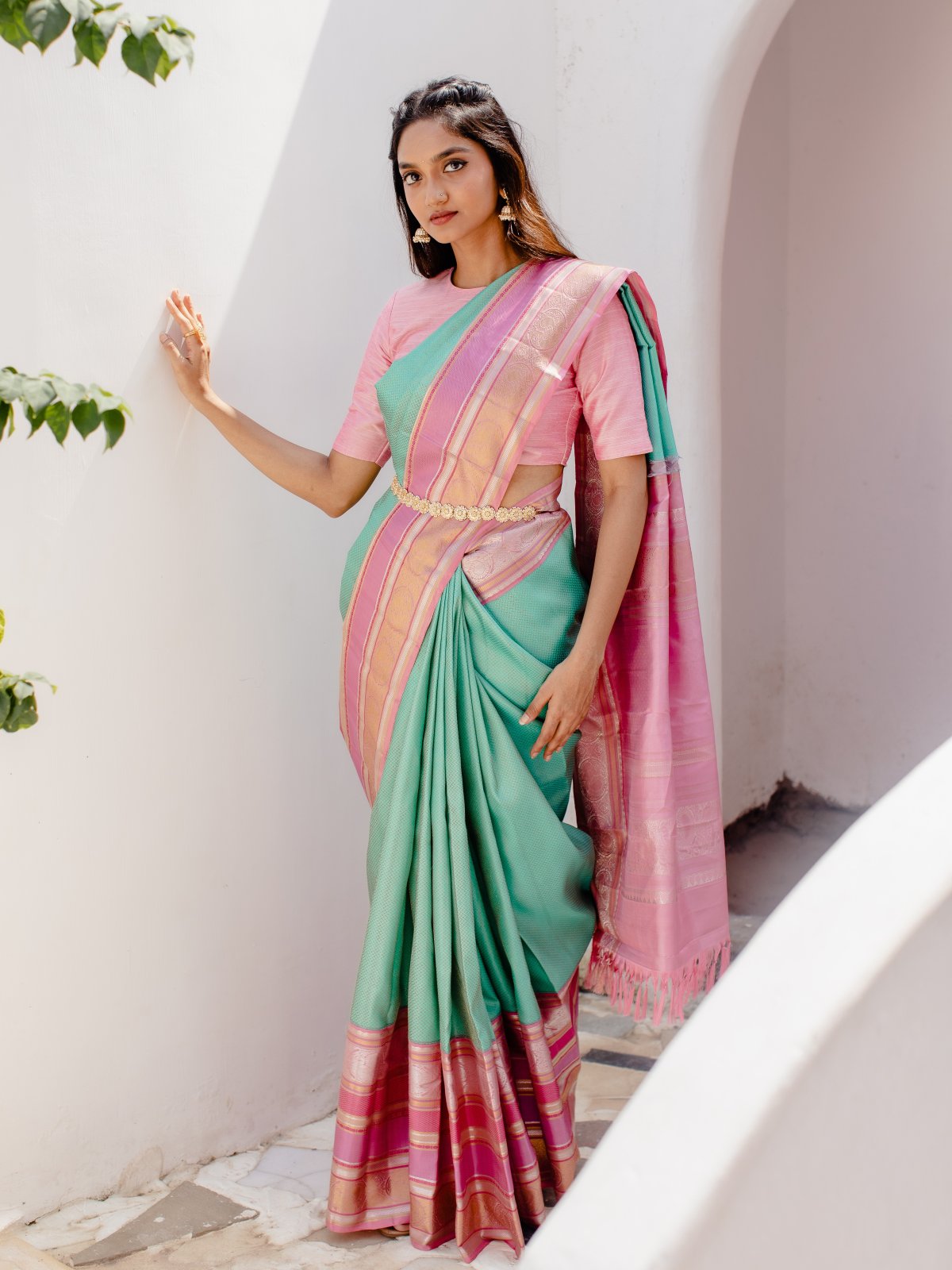 Blue Kanjeevaram Silk Saree With Pink Border