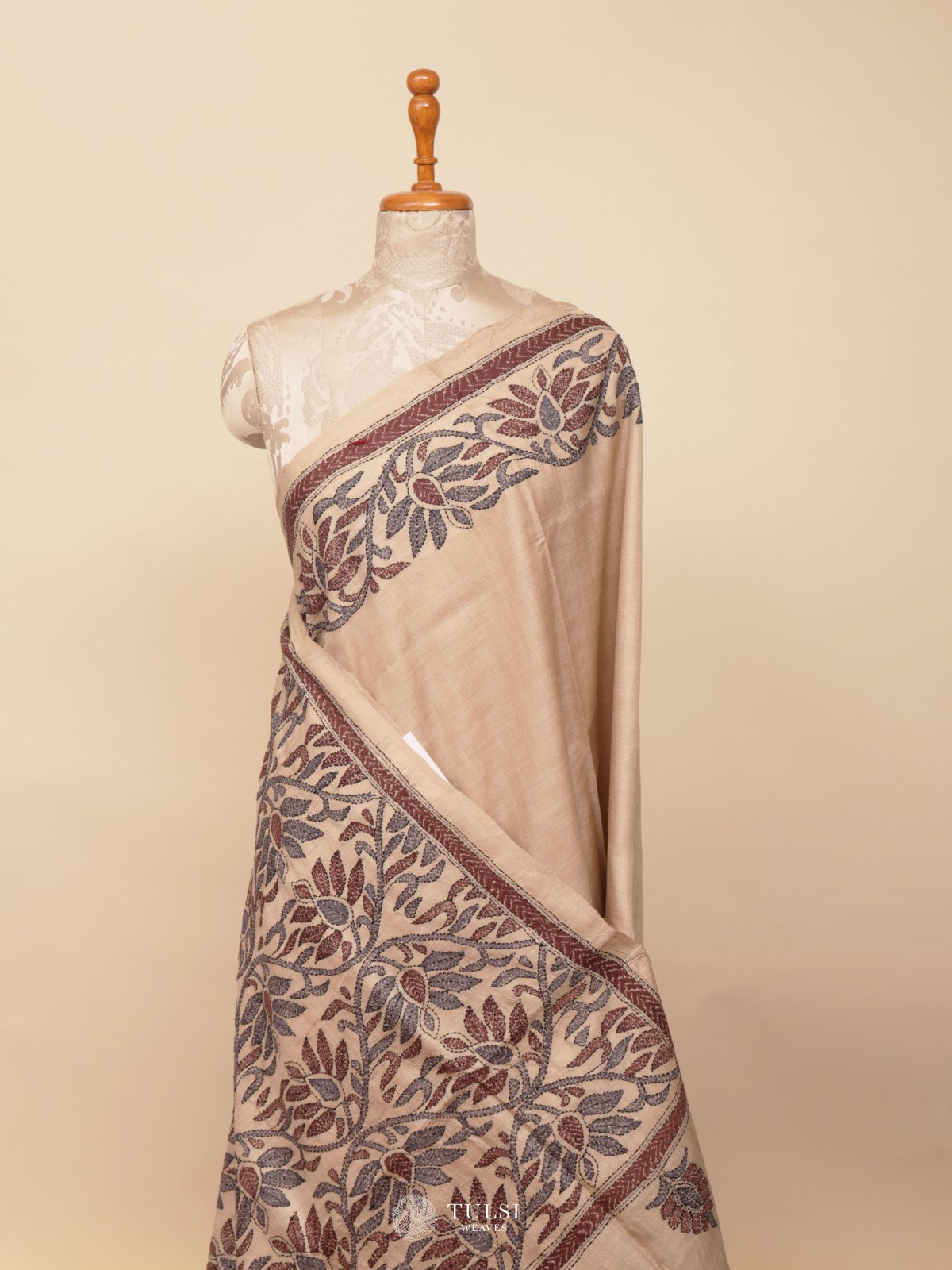 Beige Tussar Silk Saree With Kantha Embroidery