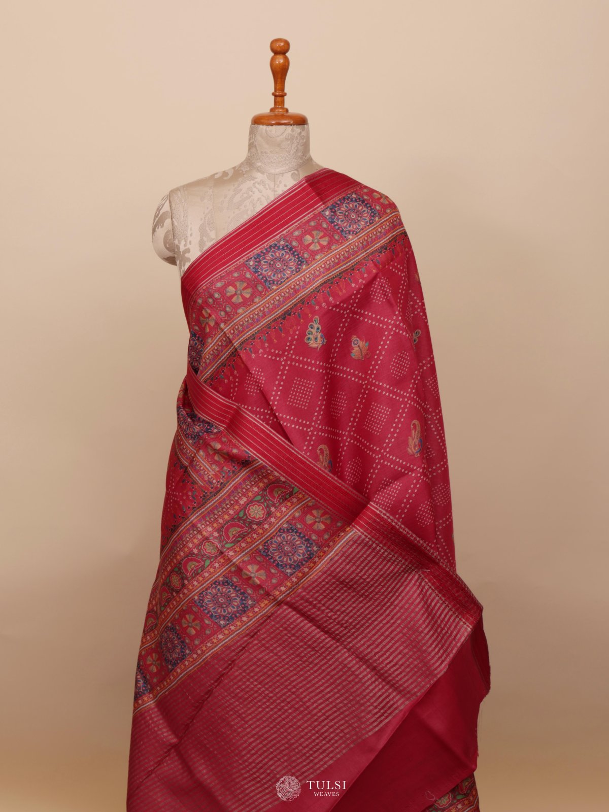 Reddish Pink Printed Tussar Silk Saree