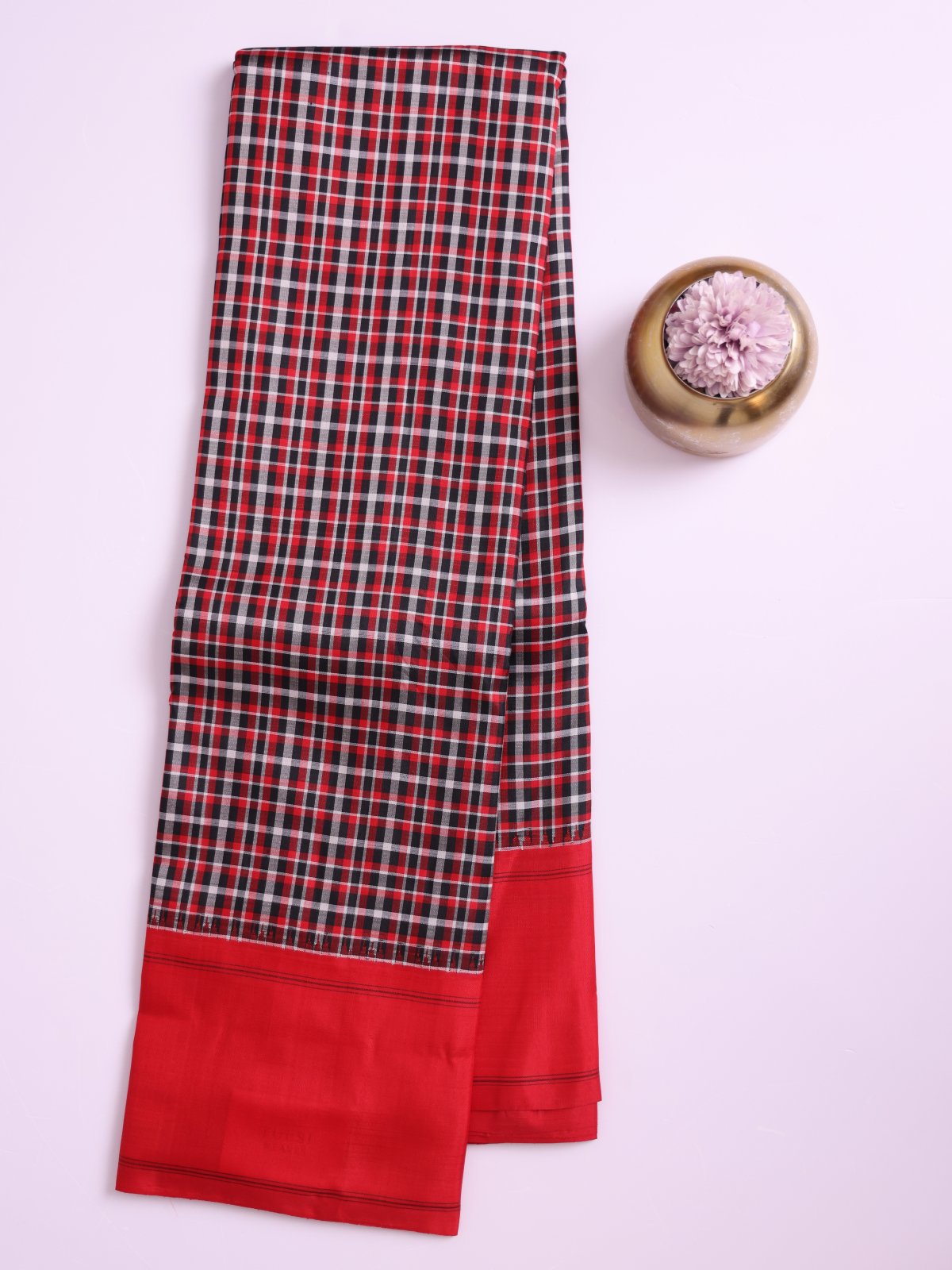 Multi Color Checked Kanjeevaram Silk Saree with Red Border 