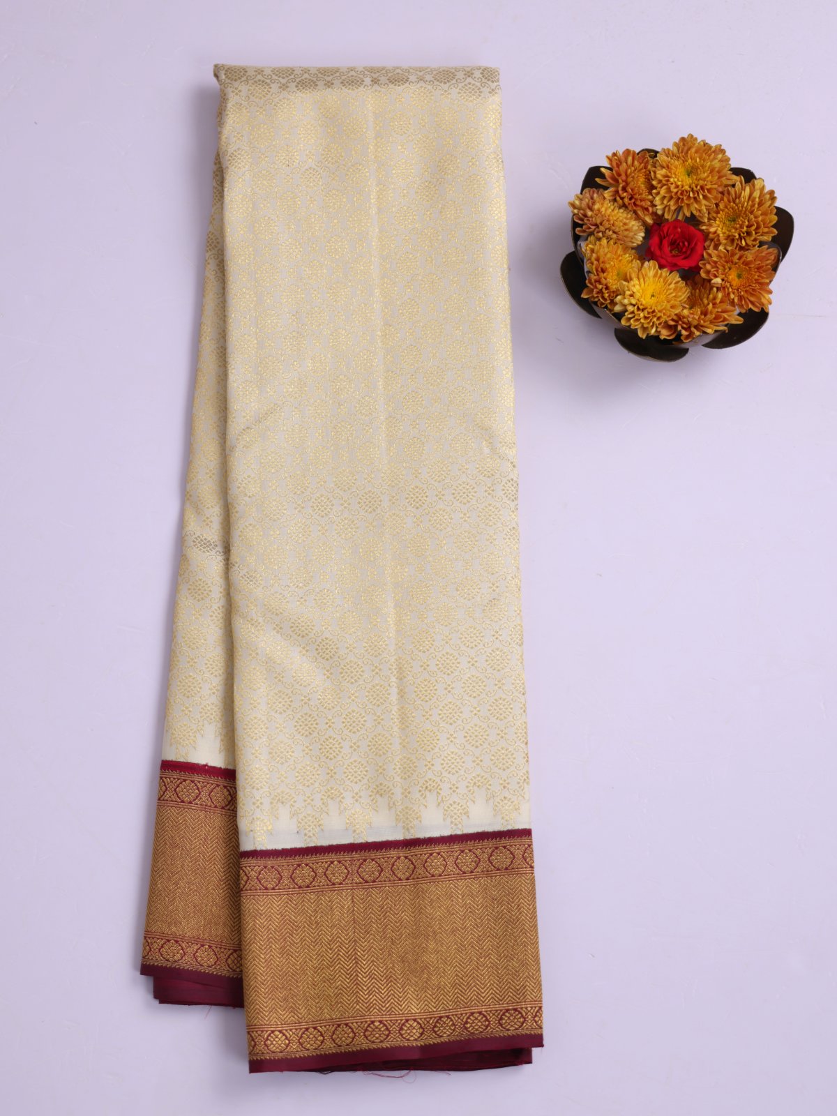 Off- White Zari Brocade Kanjeevaram Silk Saree With Dark Maroon Border