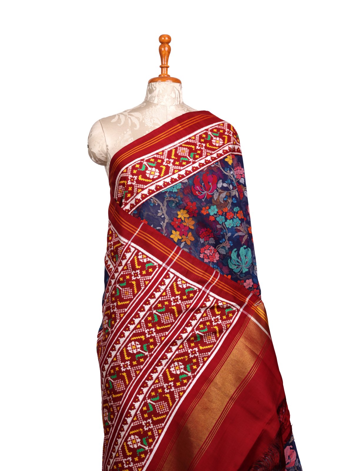 Navy Blue Jamdani Cotton Saree With Maroon Patan Patola Border