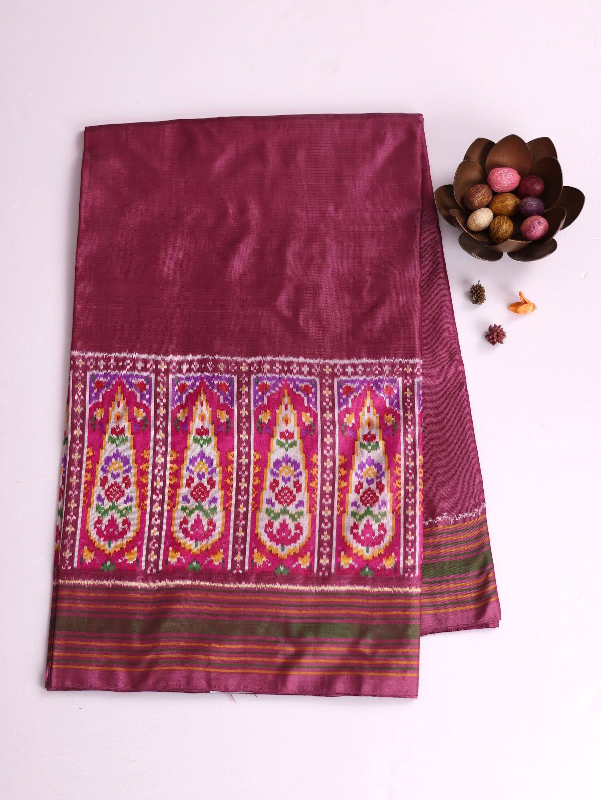 Plum Purple Patola Silk Saree With Striped Border