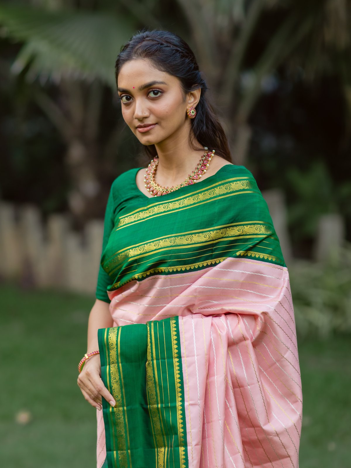 Pink Kanjeevaram Silk Saree with Dark Green Border - Tulsi Weaves