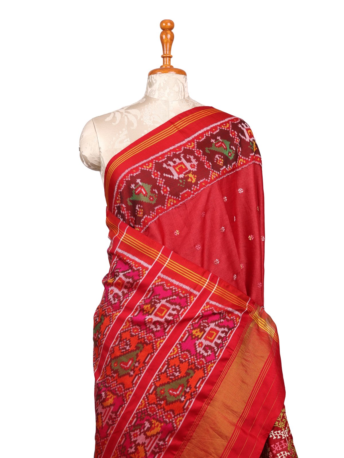 Red Embroidered Tussar Silk Saree With Patola Border
