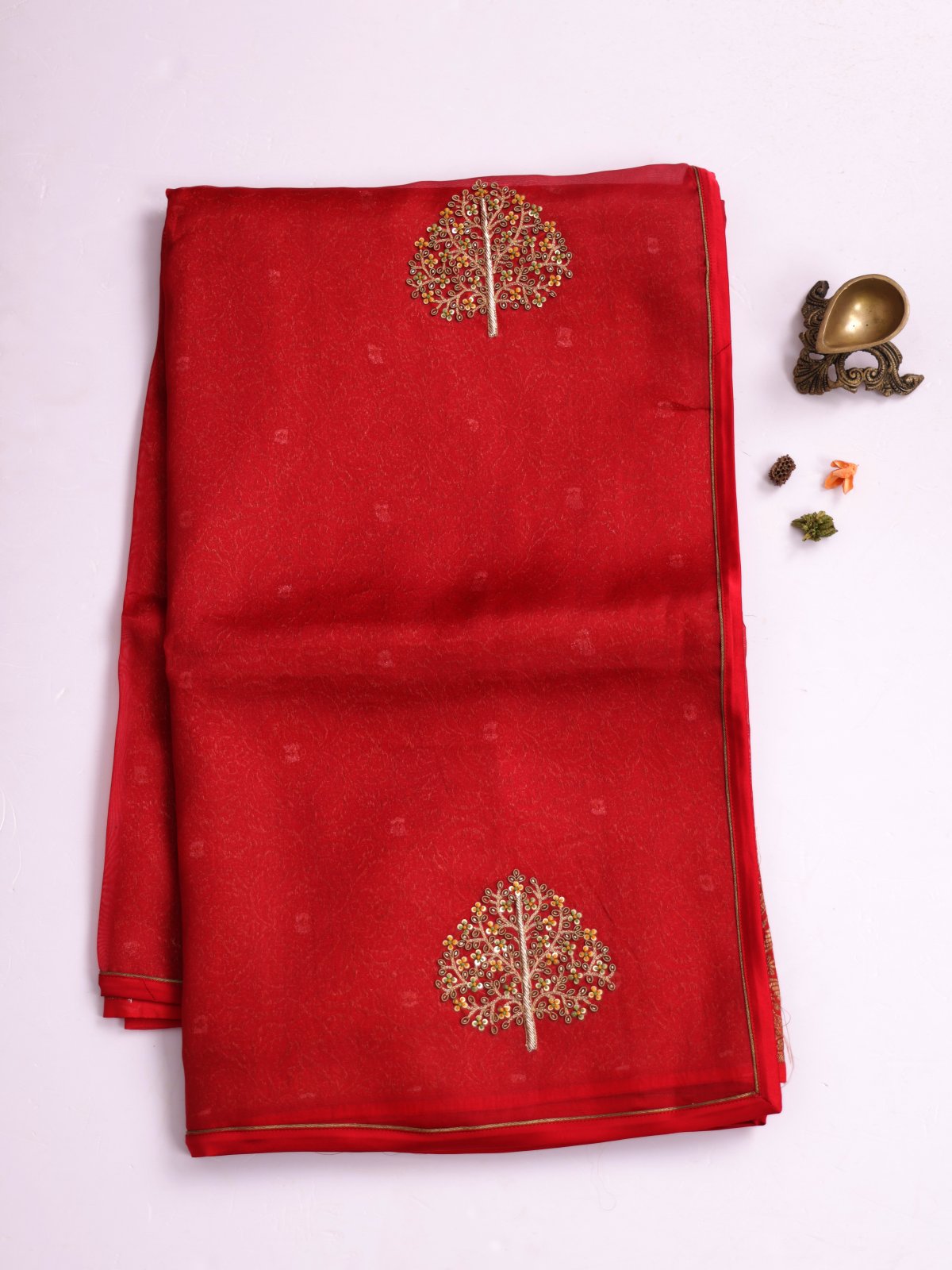 Red Embroidered Organza Silk Saree