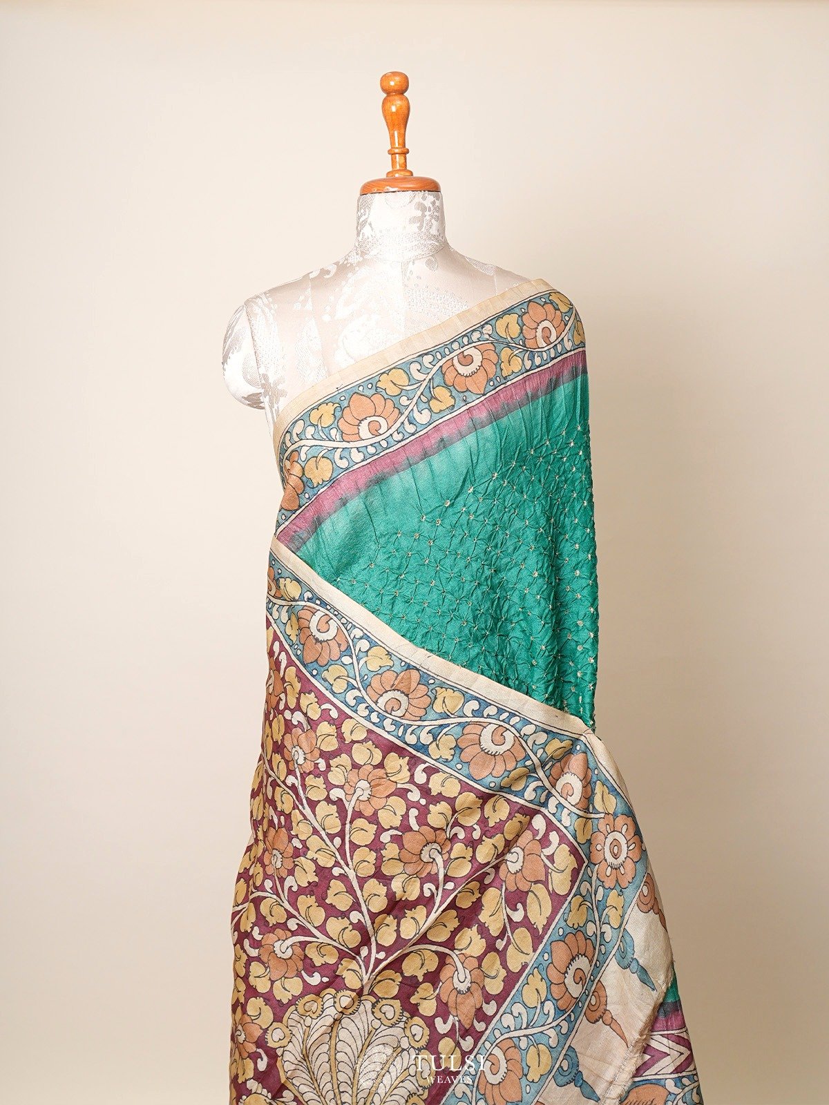 Bottle Green Bandhini Tussar Silk Saree with Kalamkari Print