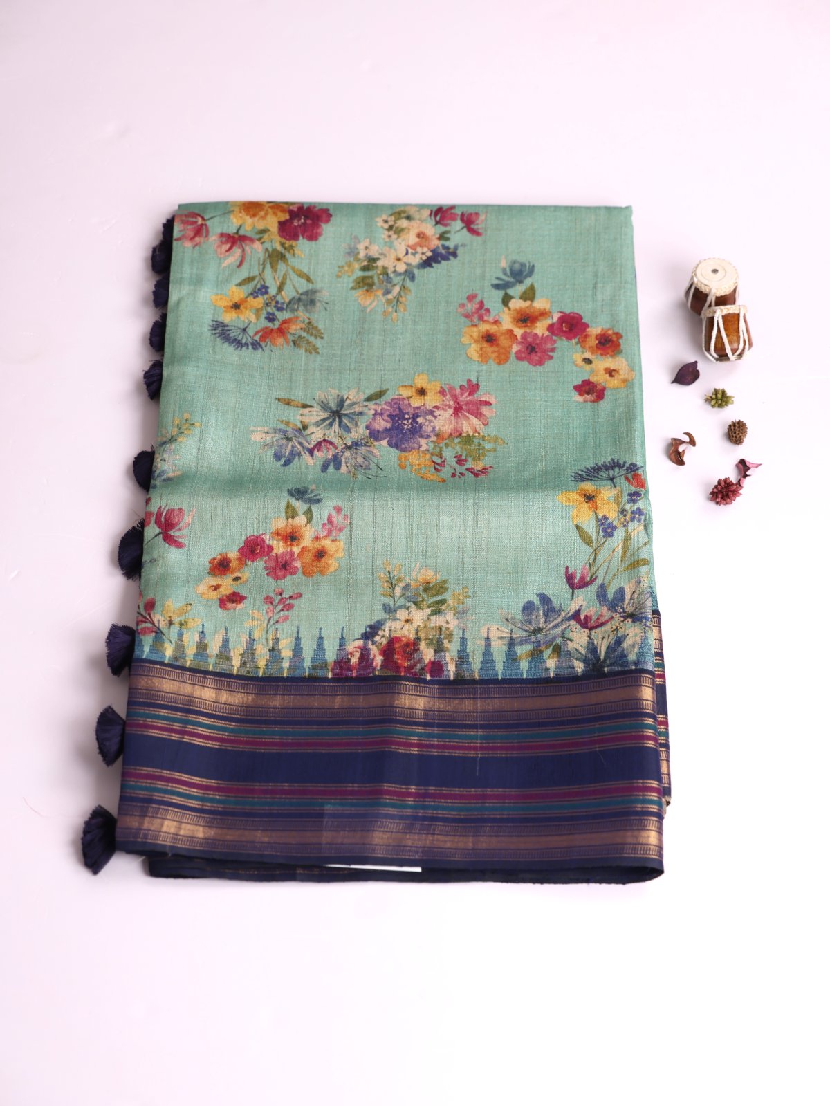 Bluish Green Printed Tussar Silk Saree With Navy Blue Border