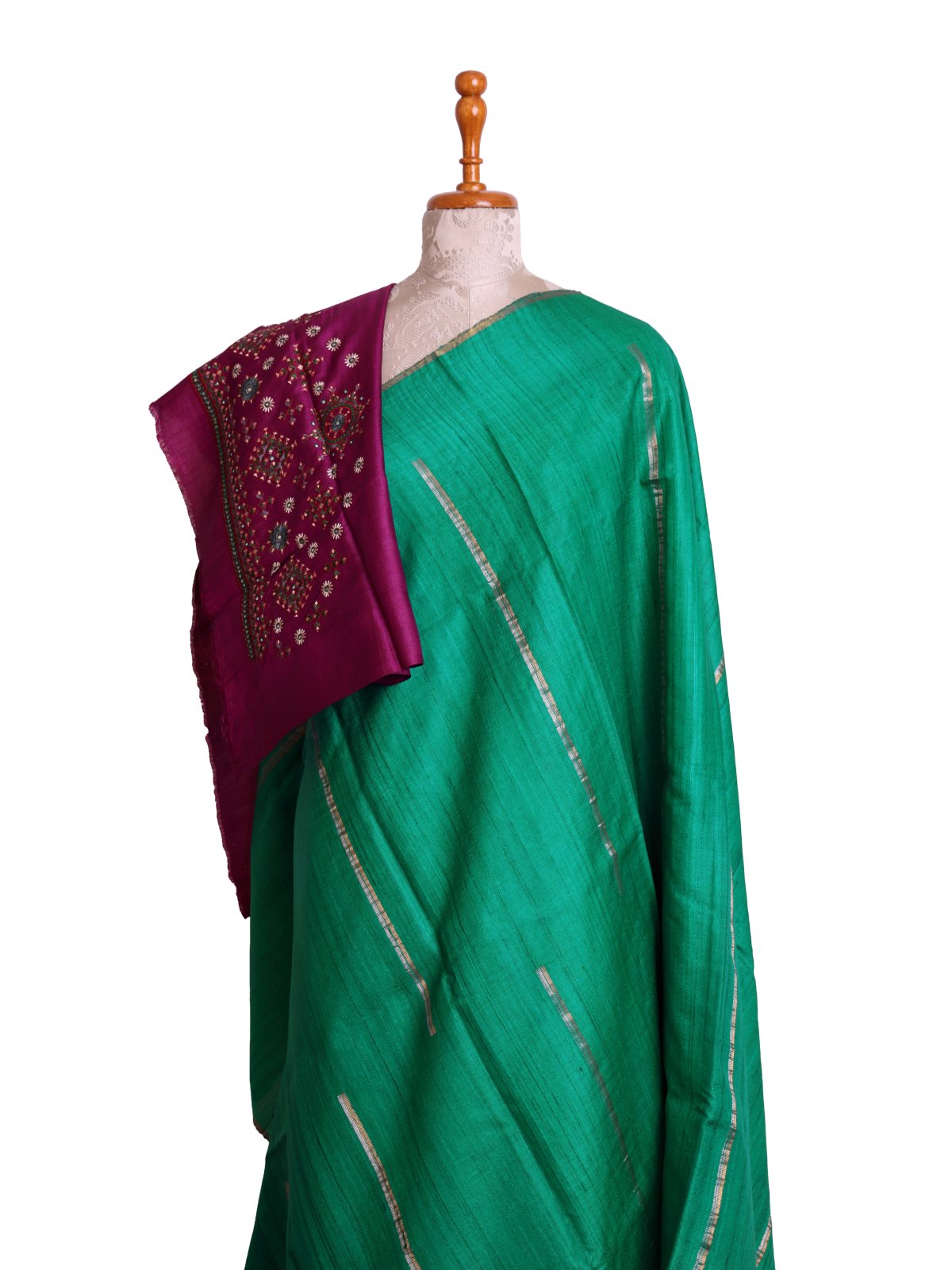 Teal Green Tussar Silk Saree with Kutch Embroidered Blouse