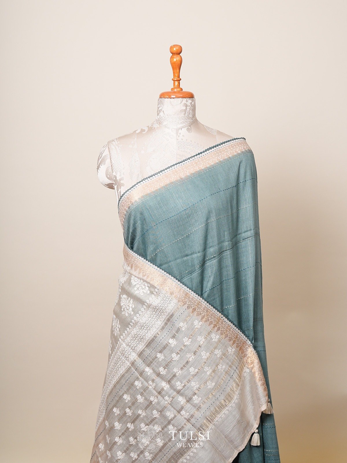 Dusty Green Moonga Tussar Silk Saree