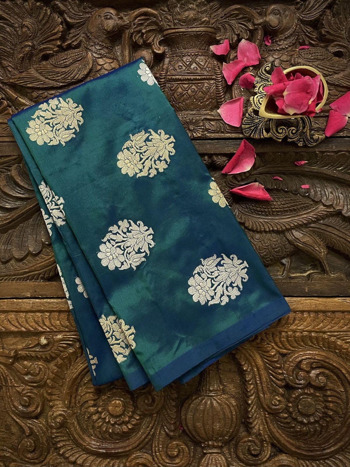 Blue-Green Banaras Silk Blouse With Gold and Silver Zari Butties