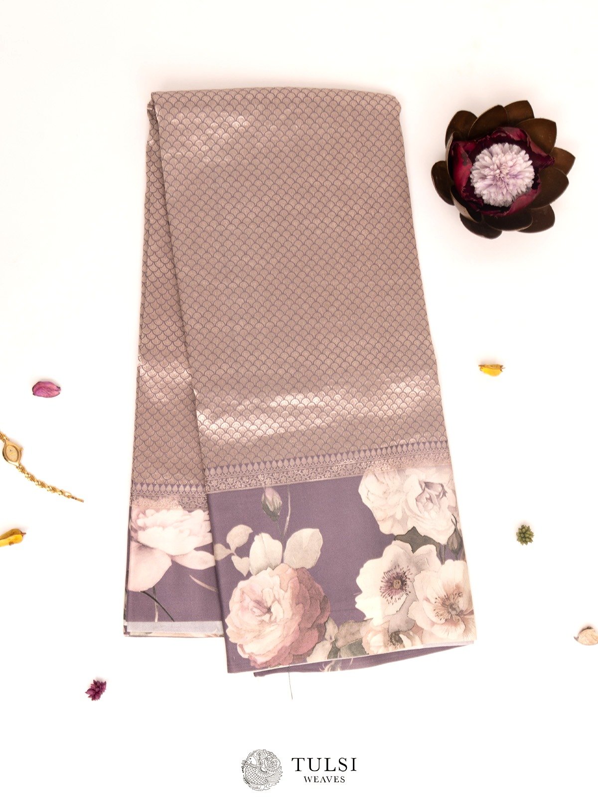 Dark Lavender Printed Banaras Silk Saree 