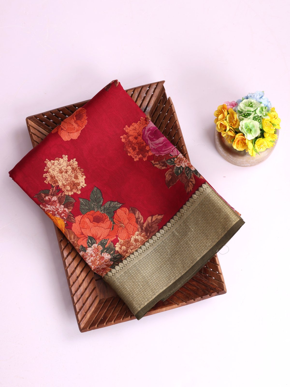 Red Printed chaniya Silk Saree With Zari Border