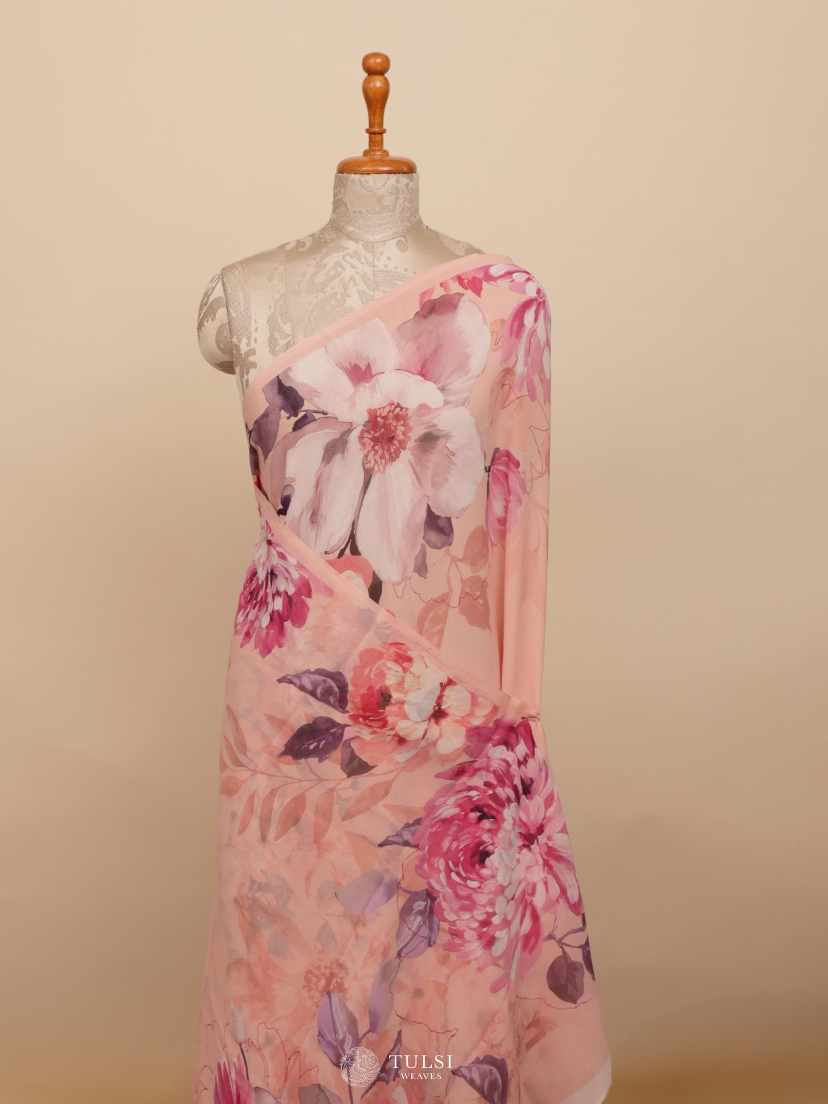 Peach Floral Printed Georgette Silk Saree