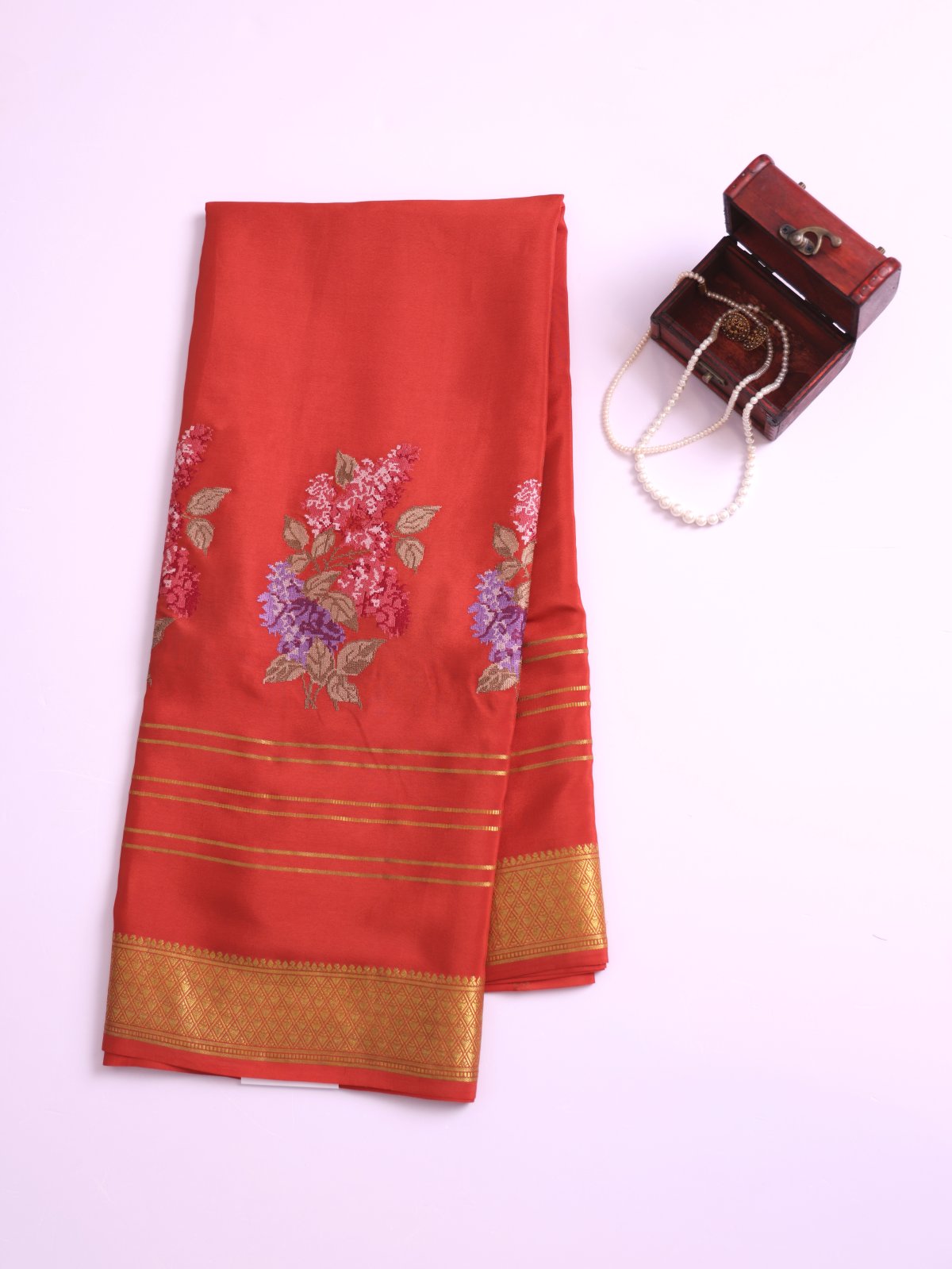 Deep Orange Embroidered Mysore Crepe Silk Saree