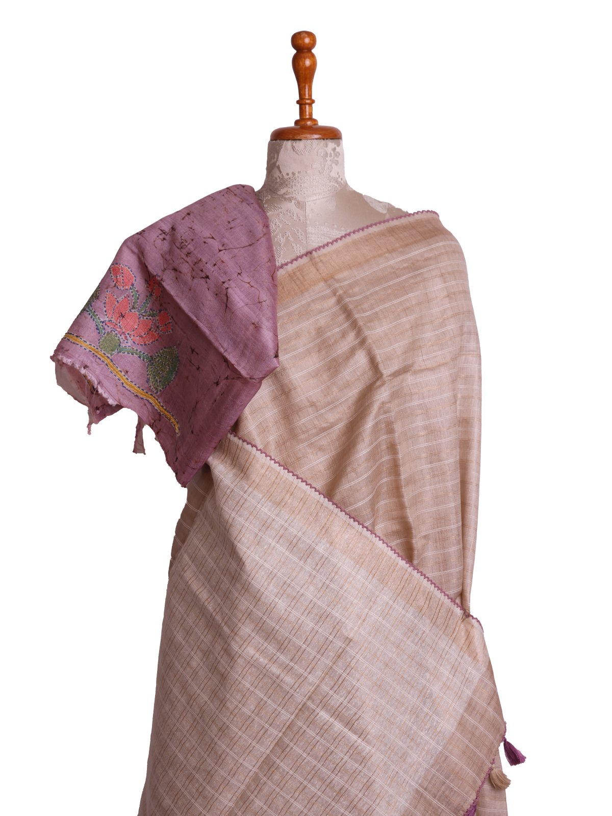 Beige Tussar Silk Saree With Dusty Pink Embroidered Blouse 
