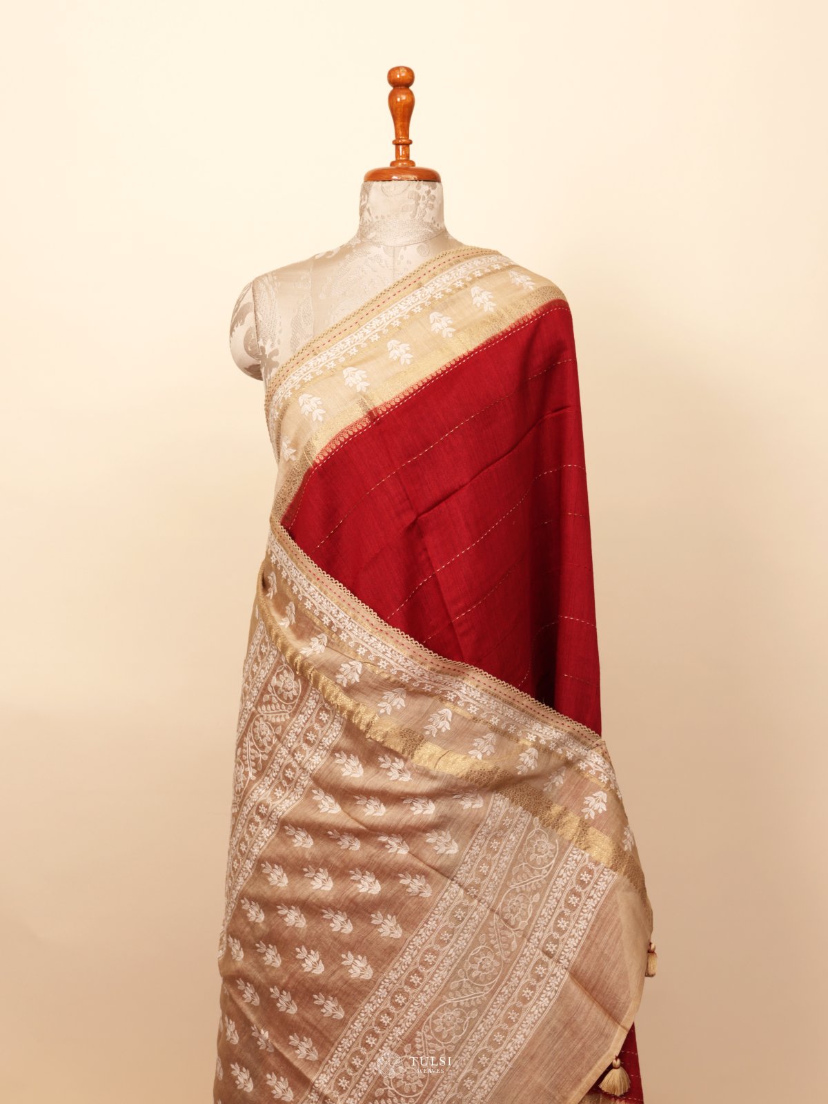 Red Munga Tussar Silk Saree