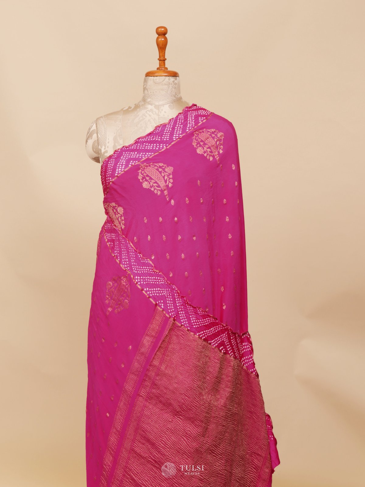 Rani Pink Banaras Crepe Silk Saree With Bandhini Border