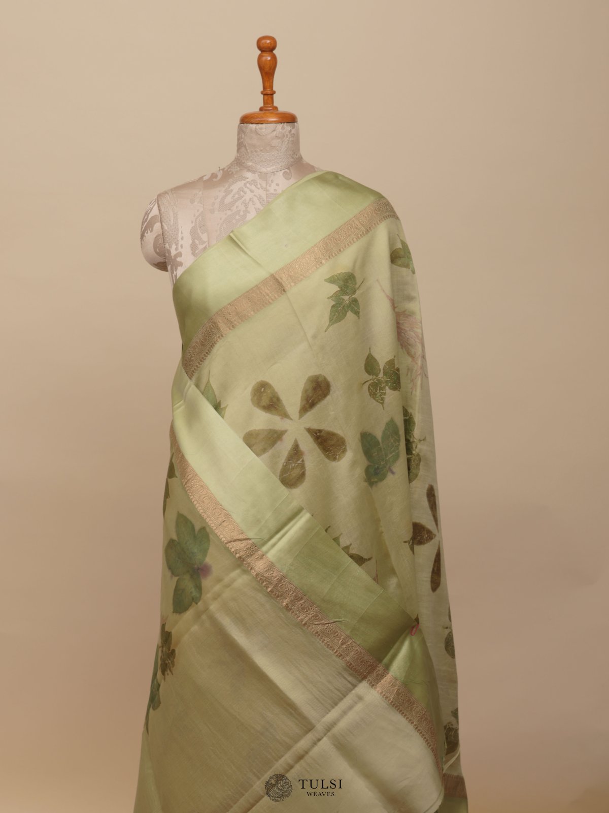 Pastel Green Eco Print Silk Saree With Satin Border