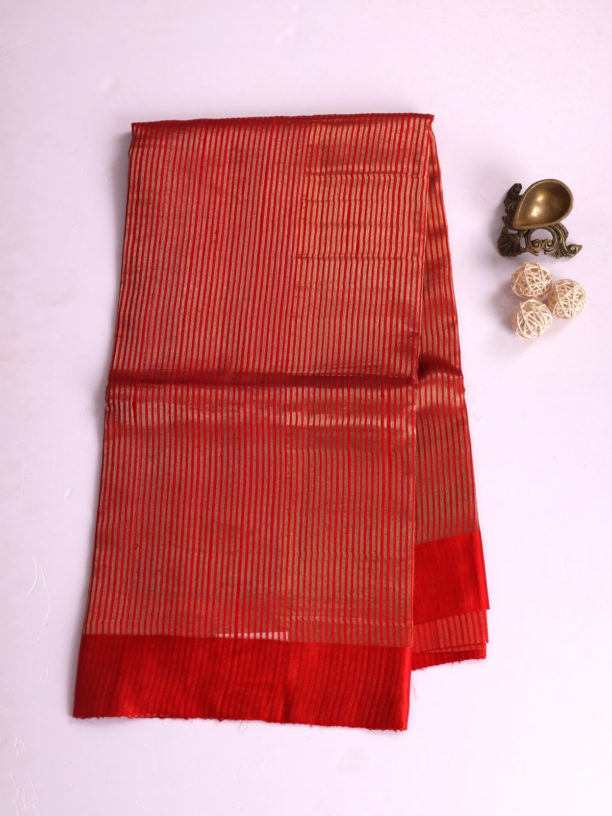 Red Zari Striped Organza Silk Saree With Satin Border