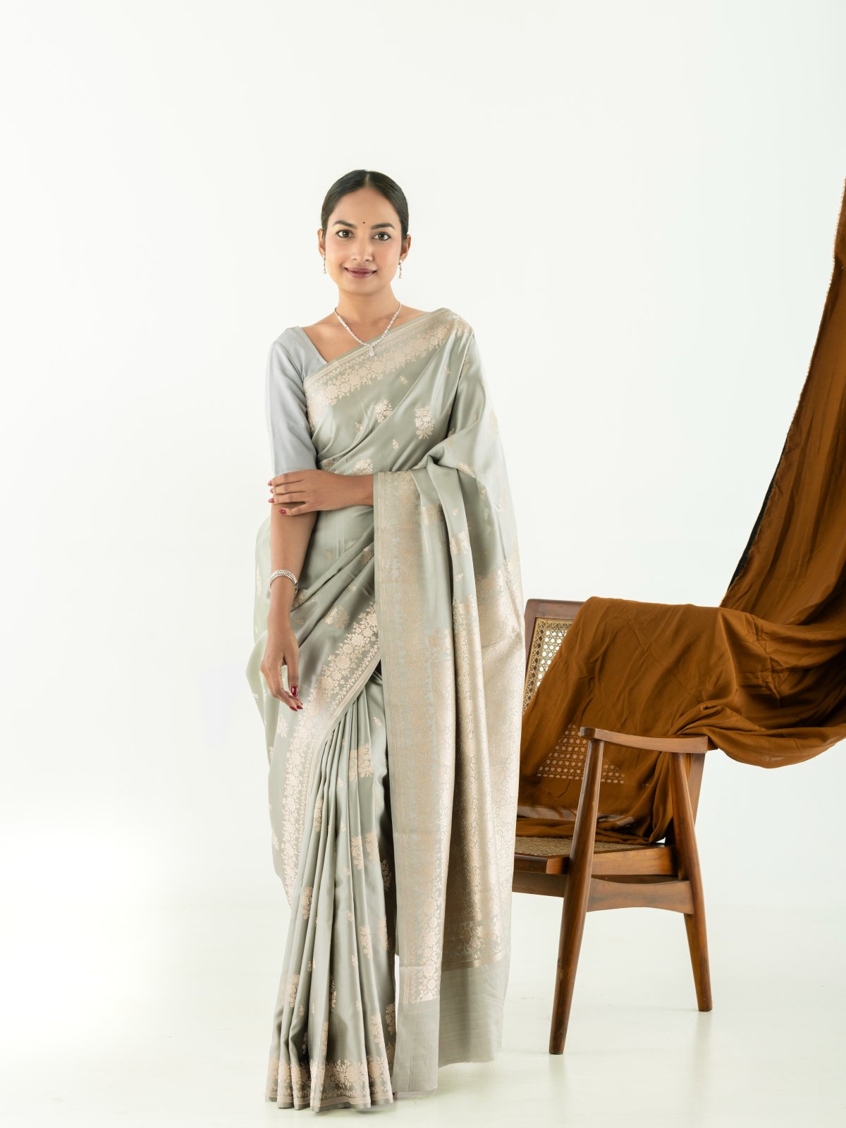 Grey Mashru Silk Saree with Self Zari Border