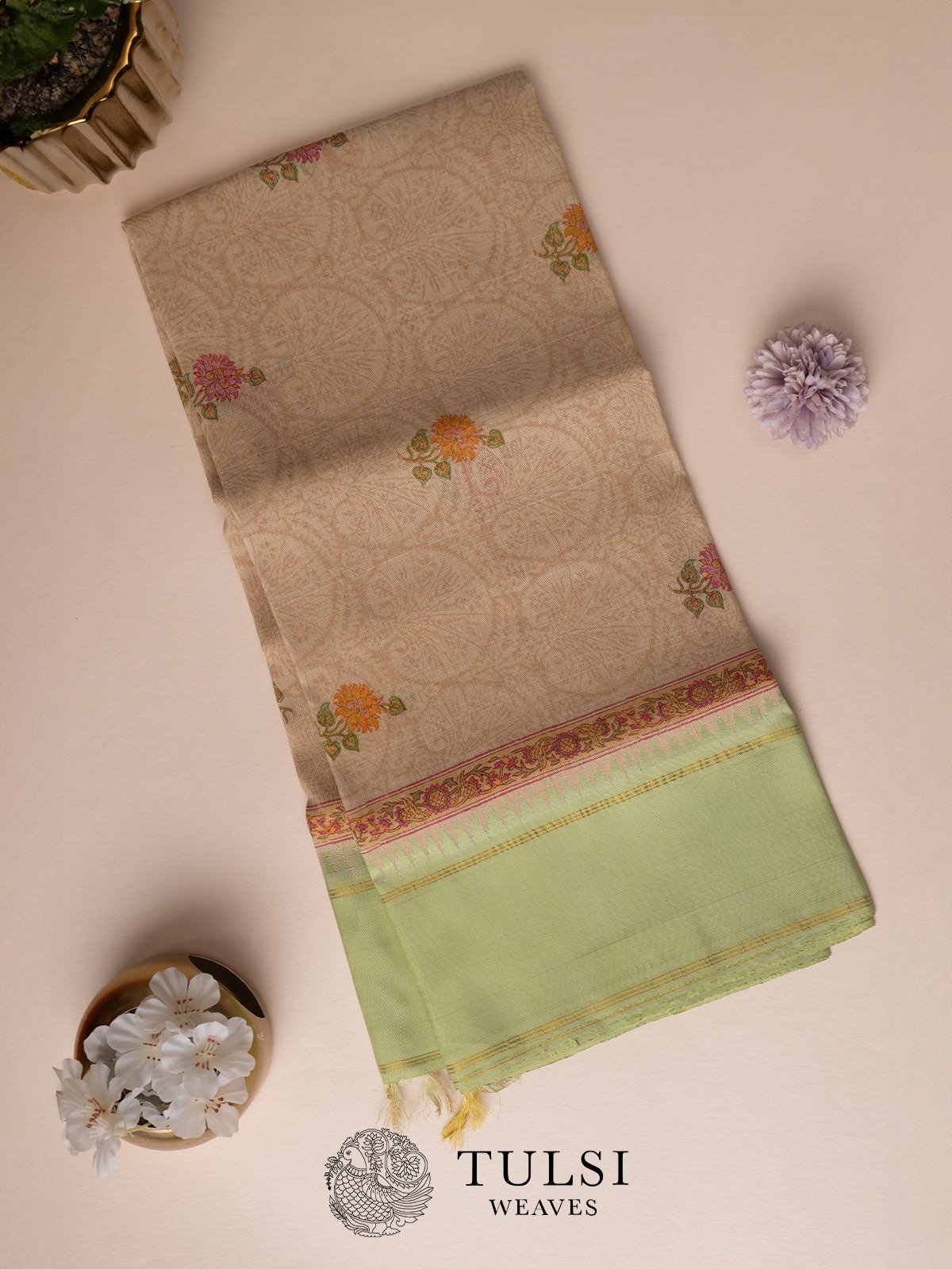 Beige Hand block Printed Silk Dupatta with Light Green Bodi Border