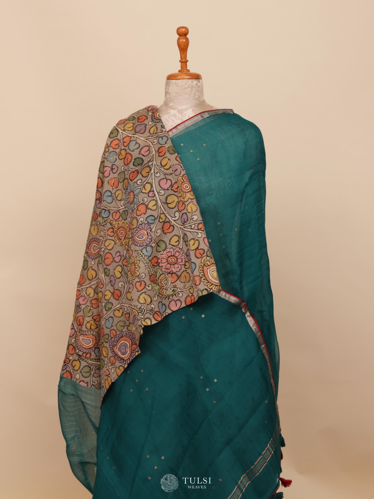 Peacock Blue Organza Saree with Kalamkari Blouse