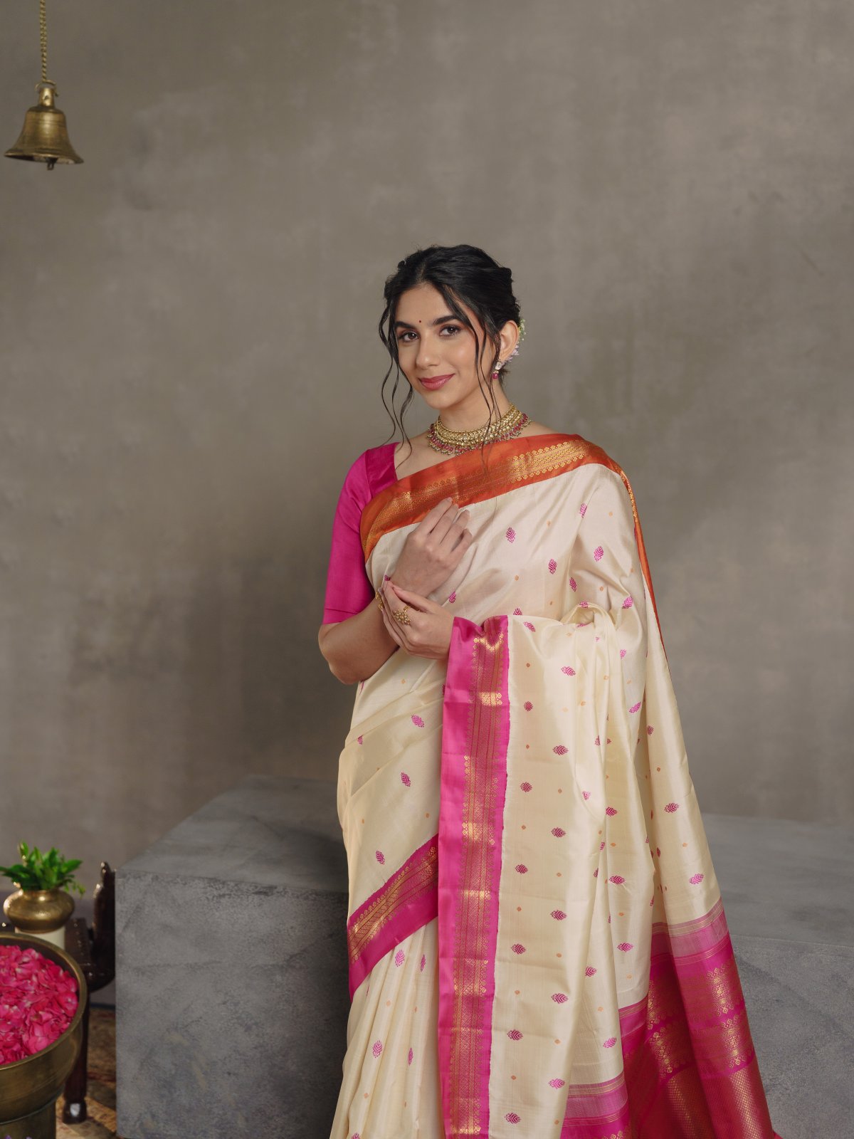 Crafted 8 - Cream Kanjeevaram Silk Saree With Ganga Jamuna Border